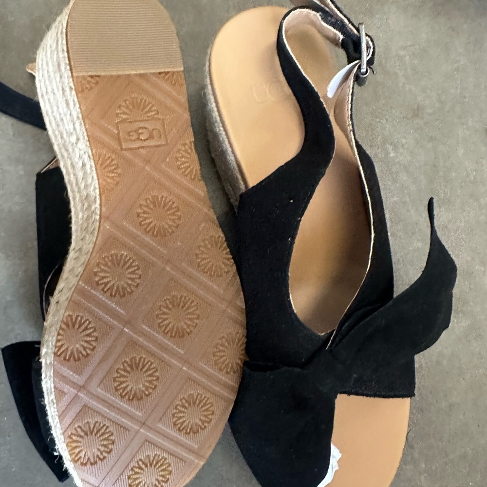 UGG Black Suede Espadrille Wedge Sandals with Ankle Strap